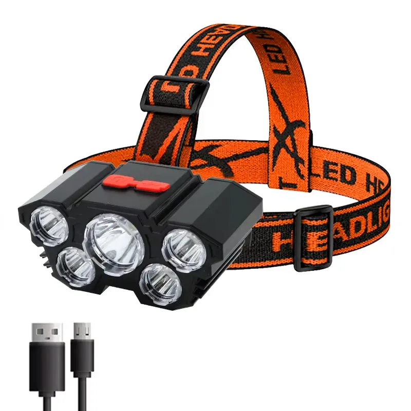 Rechargeable 5-LED Headlamp – USB Powered Torch with 4 Light Modes & Waterproof Design