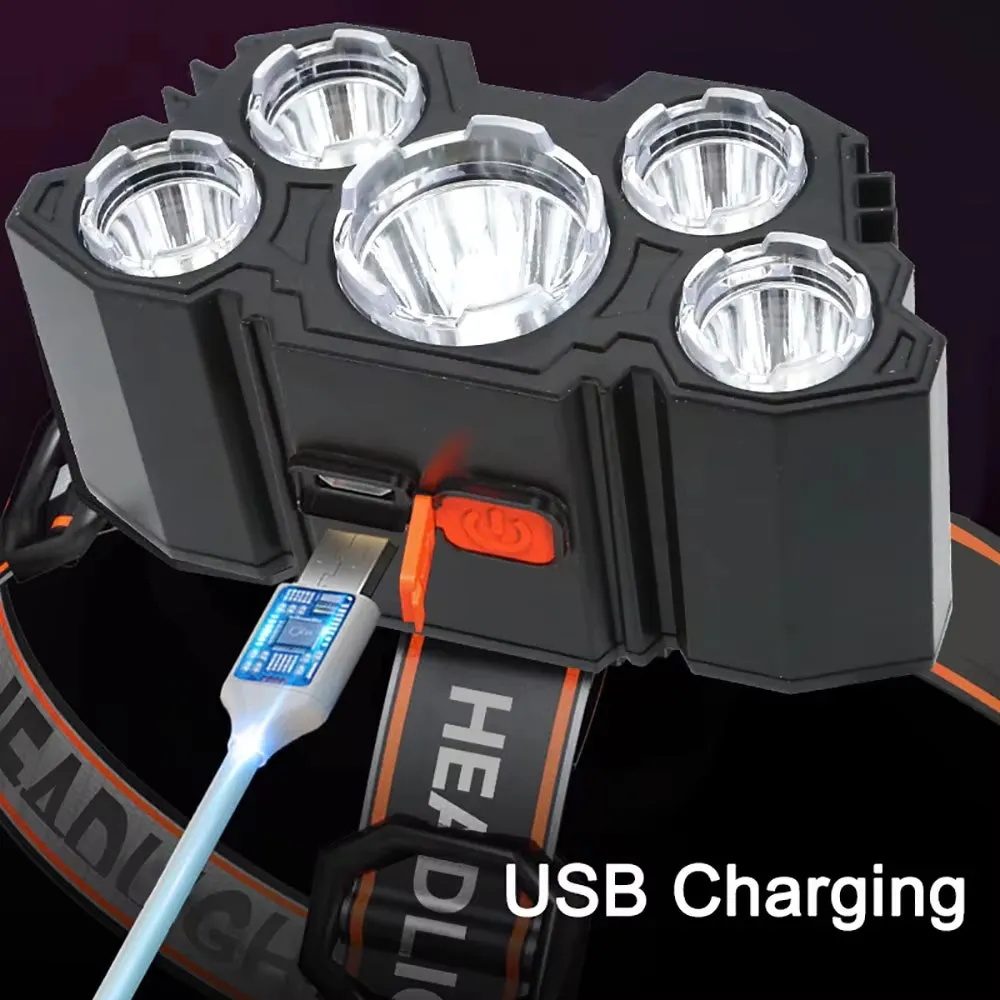 Rechargeable 5-LED Headlamp – USB Powered Torch with 4 Light Modes & Waterproof Design