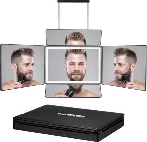 Rechargeable 5 Way Mirror for Hair Cutting, Real Glass Adjustable Trifold Mirror with Light & Telescoping Hooks for Makeup & Styling - Portable DIY Tool to Cut, Trim or Shave Your Head & Neckline