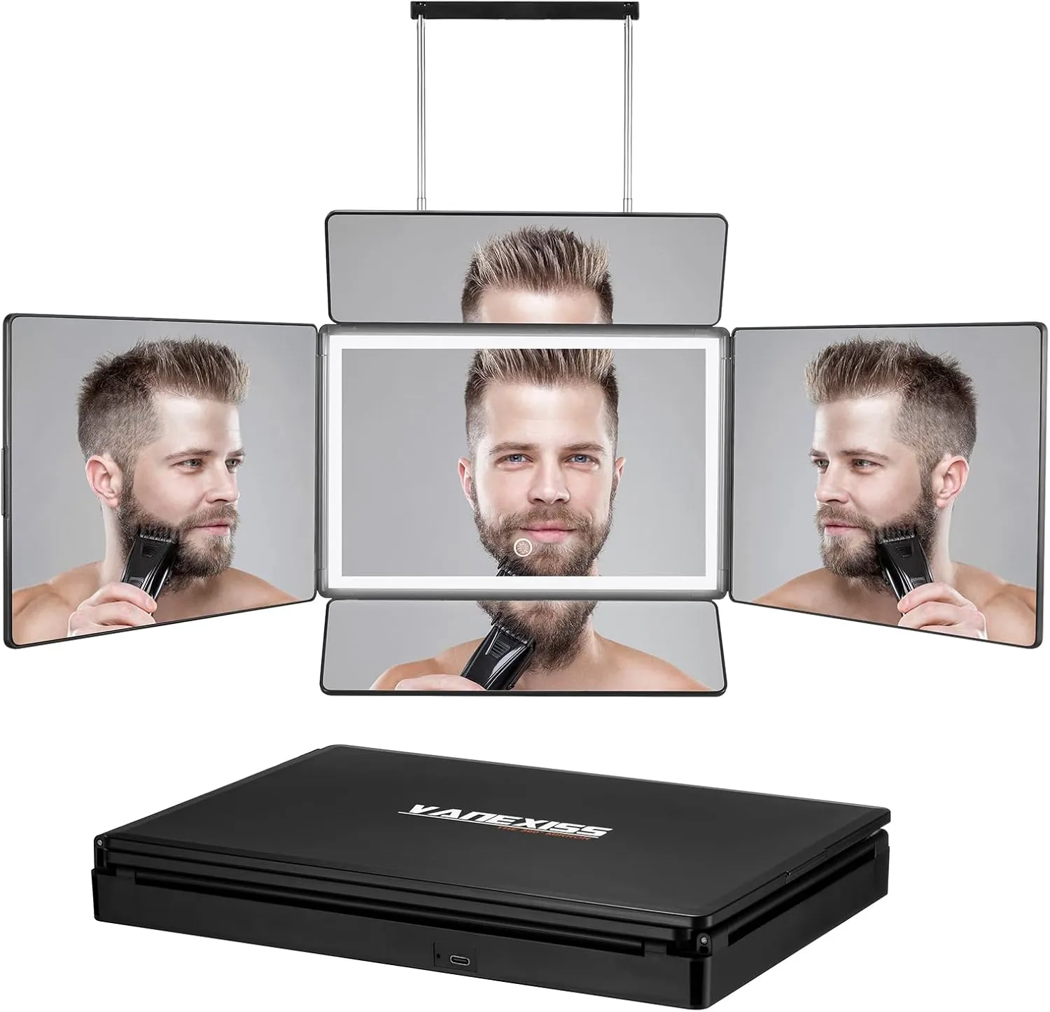 Rechargeable 5 Way Mirror for Hair Cutting, Real Glass Adjustable Trifold Mirror with Light & Telescoping Hooks for Makeup & Styling - Portable DIY Tool to Cut, Trim or Shave Your Head & Neckline