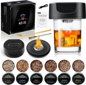 Rechargeable Electric Cocktail Smoker Kit - 6 Wood Chip Flavors, Auto-Ignite & Flame-Free Design. Perfect Whiskey Gift for Men, Dads, Husbands