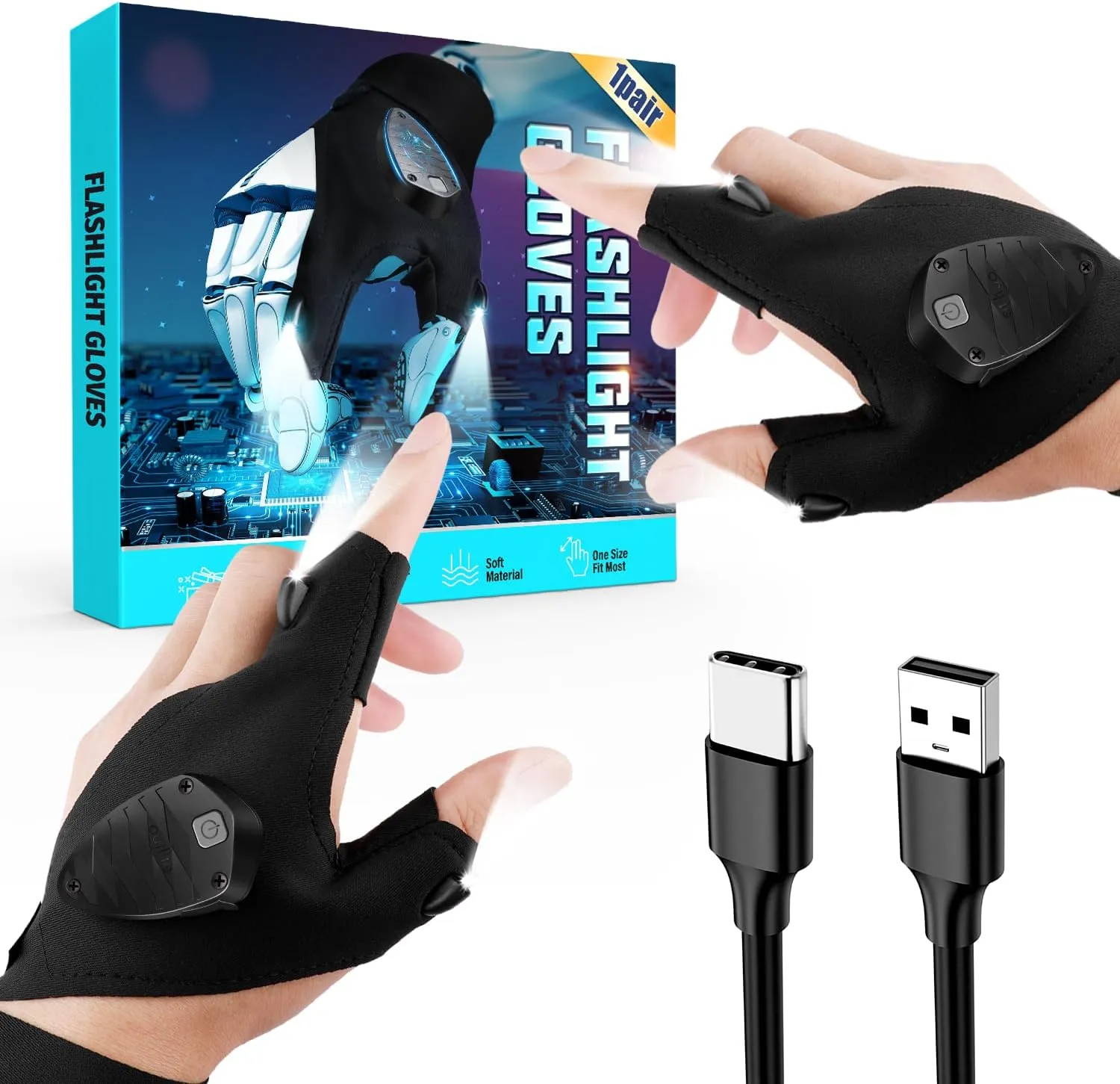 Rechargeable Led Flashlight Gloves, Birthday Fathers Day Gift from Daughter Son Wife, Unique Camping Gadgets Led Gloves for Men Mechanic Car Guy Repairing