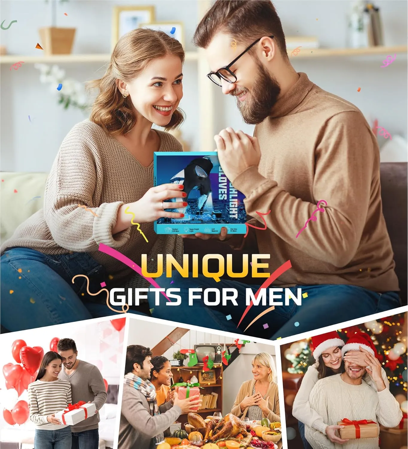 Rechargeable Led Flashlight Gloves, Birthday Fathers Day Gift from Daughter Son Wife, Unique Camping Gadgets Led Gloves for Men Mechanic Car Guy Repairing