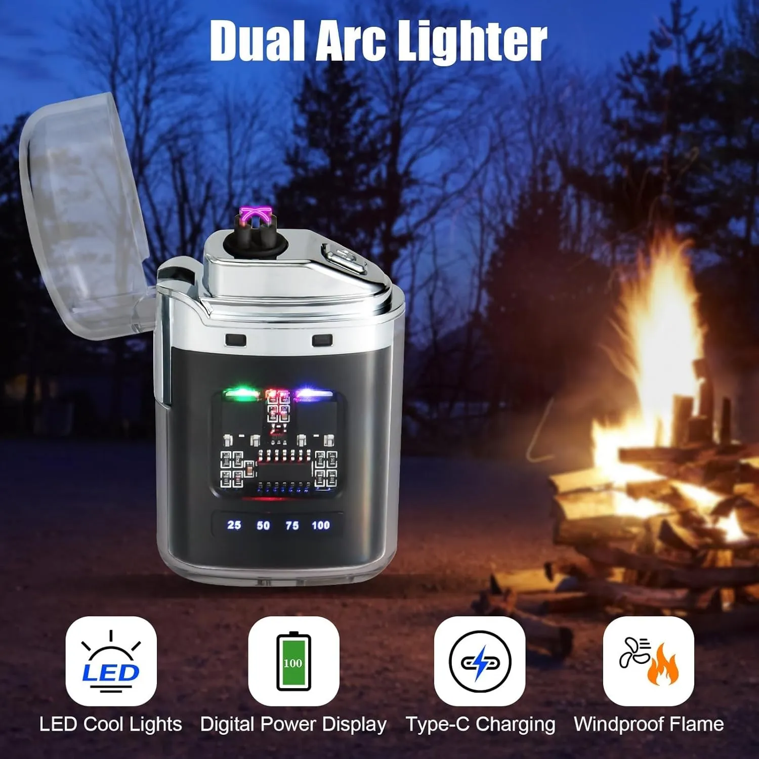 Rechargeable Lighter, Plasma Dual Arc Light Lighter, Electric Lighter with USB Charging, with LED Power Display, Outdoor Waterproof Lighter for Camping, Hiking, Adventure, Survival Tactical Gear(Blue)