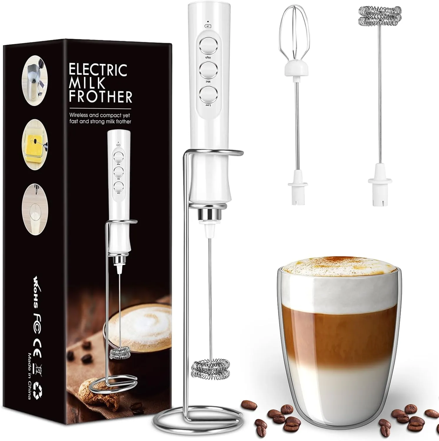 Rechargeable Milk Frother Handheld for Coffee, Stirrers Electric Whisk with Wall Mounted Stand, Drink Mixer Hand Frother Wand (MF02)
