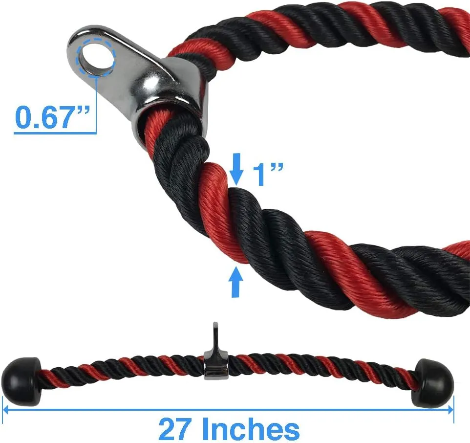 Red Tricep Rope Pull Down & Poster Set | 27 or 36 Inch Heavy Duty Nylon Rope, Chrome Cable Attachment | Professional or Home Gyms | Includes Workout Poster, Snap Hook, Bag
