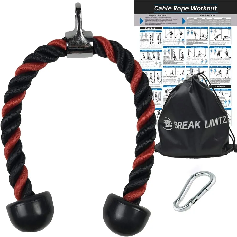 Red Tricep Rope Pull Down & Poster Set | 27 or 36 Inch Heavy Duty Nylon Rope, Chrome Cable Attachment | Professional or Home Gyms | Includes Workout Poster, Snap Hook, Bag