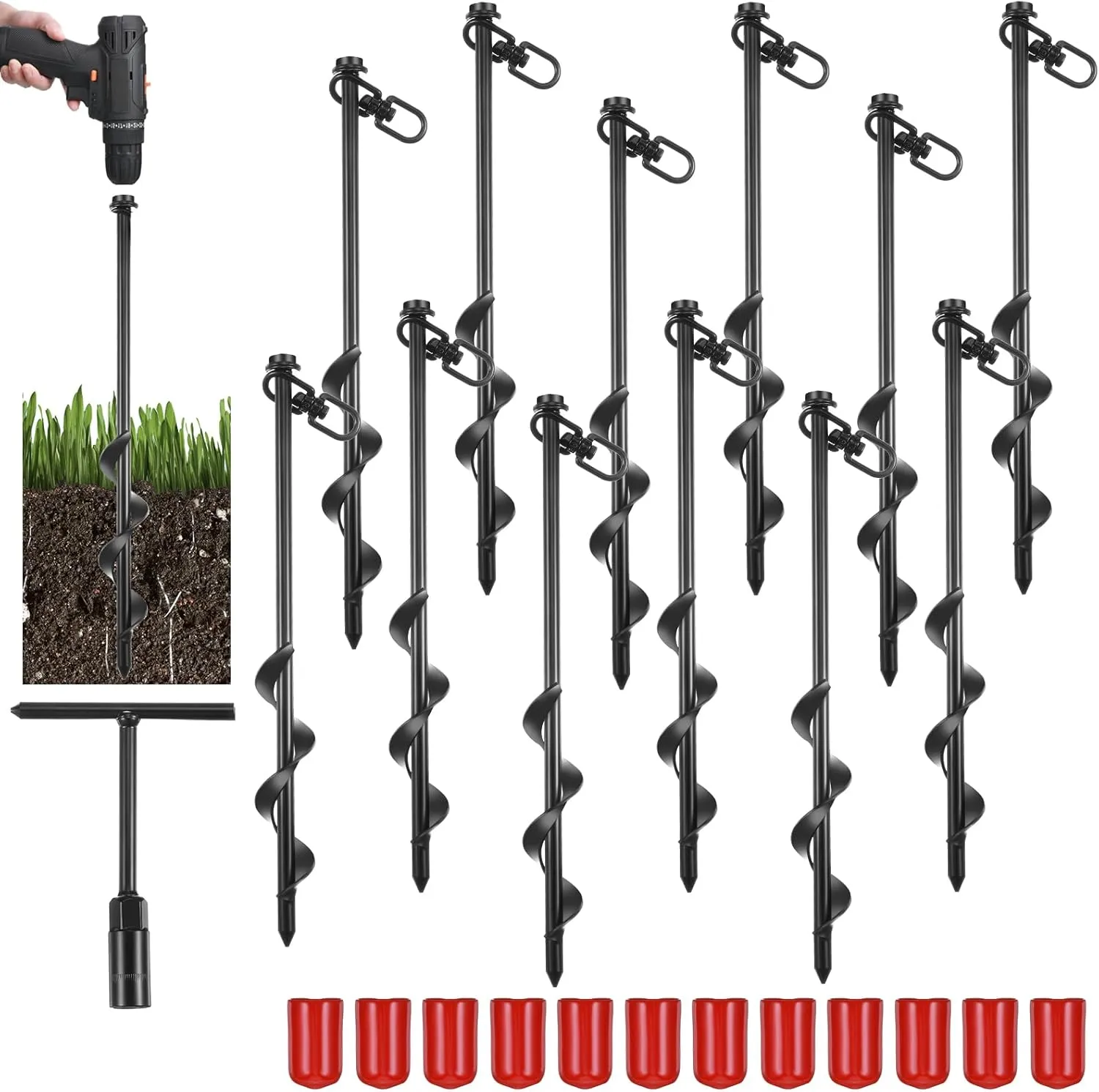 Reginary 12 Pcs Ground Anchors Screw in Tent Stakes Heavy Duty Trampoline Anchors High Wind for Camping Canopy Carport Sheds Beach Sand Stakes Metal Swing Set (Black)