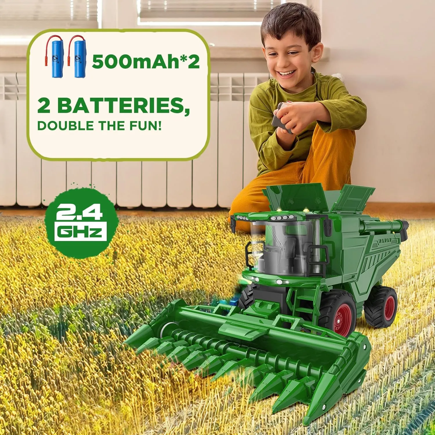 Remote Control Combine Harvester Tractor Toy with Corn Head, RC Tractor Toys for Kids 3 , Light/Spray/Sound/1/24 Scale, Farm Toy Combine Harvester for Kids, Christmas Birthday Gift 2025