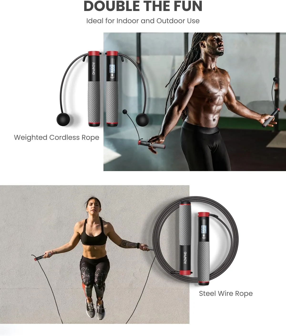 RENPHO Cordless Jump Rope, Weighted Jump Rope with Counter, Jump Ropes for Fitness, Smart Skipping Rope for Crossfit, Gym, Burn Calorie, APP Data Analysis, at-Home-Workout for Women Men Adult Kids