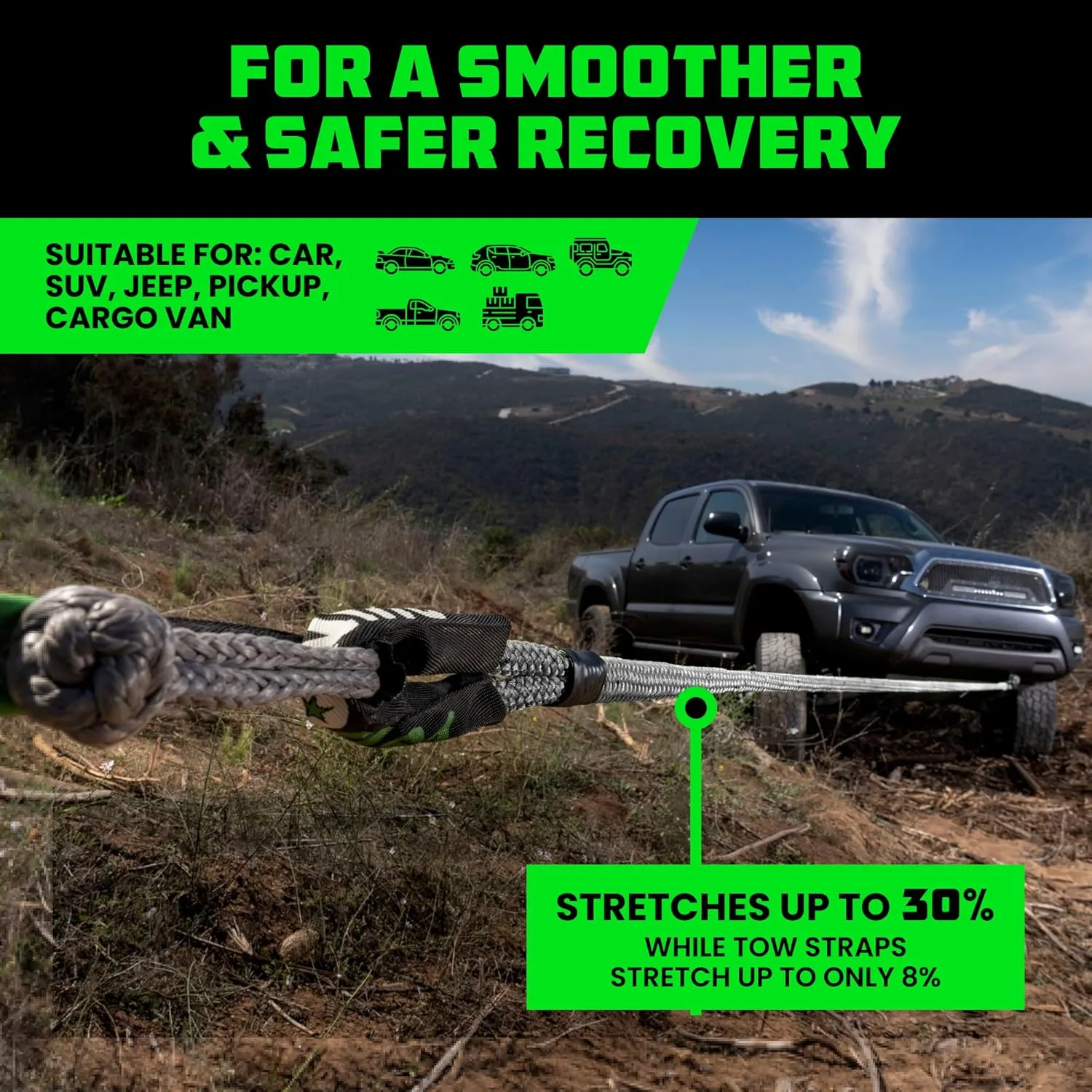 Rhino USA Kinetic Recovery Tow Rope Heavy Duty Offroad Snatch Strap for UTV, ATV, Truck, Car, Tractor - Ultimate Elastic Straps Towing Gear - Backed for Life! (7/8" x 20' Green)