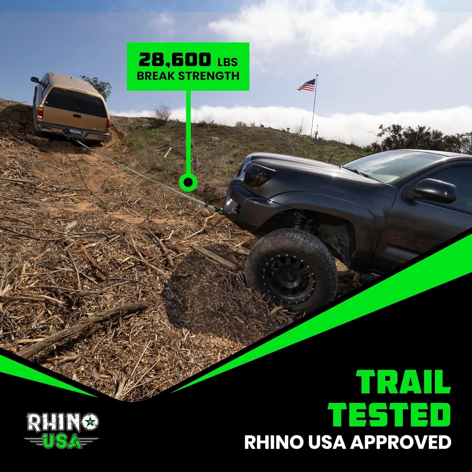 Rhino USA Kinetic Recovery Tow Rope Heavy Duty Offroad Snatch Strap for UTV, ATV, Truck, Car, Tractor - Ultimate Elastic Straps Towing Gear - Backed for Life! (7/8" x 20' Green)