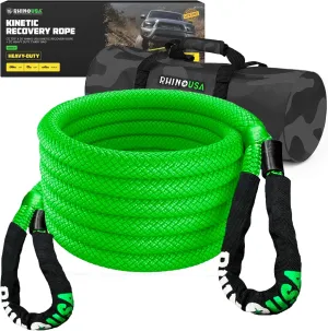 Rhino USA Kinetic Recovery Tow Rope Heavy Duty Offroad Snatch Strap for UTV, ATV, Truck, Car, Tractor - Ultimate Elastic Straps Towing Gear - Backed for Life! (7/8" x 20' Green)