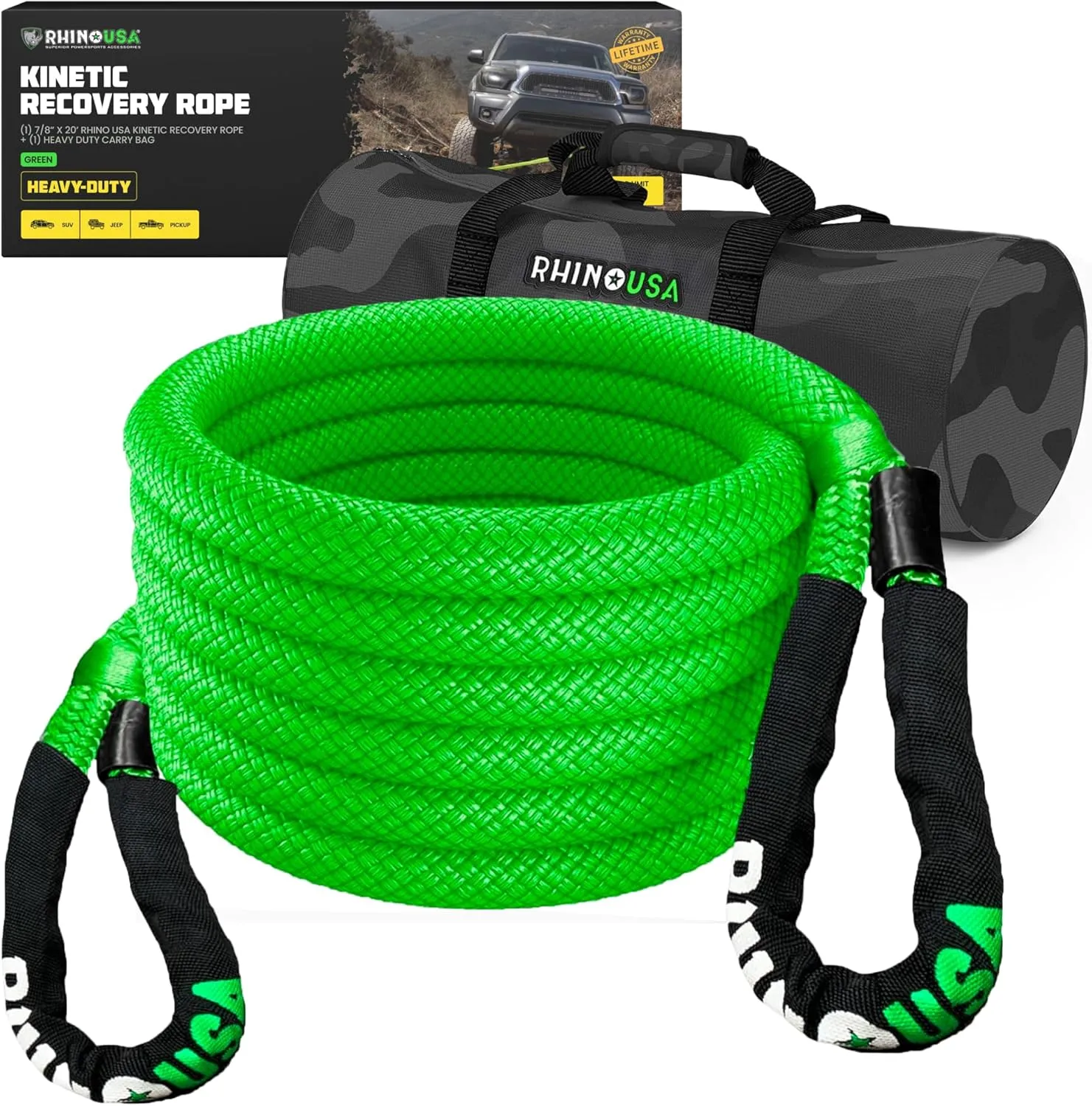 Rhino USA Kinetic Recovery Tow Rope Heavy Duty Offroad Snatch Strap for UTV, ATV, Truck, Car, Tractor - Ultimate Elastic Straps Towing Gear - Backed for Life! (7/8" x 20' Green)