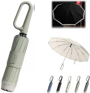 Ring Buckle Umbrella - Portable Folding Umbrella for Rain&Sun, Compact Travel Umbrella With Reflective Safety Strip, Sturdy Windproof, Umbrella with Novelty Carabiner Handle for Men Women (Gray) ALECH
