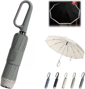 Ring Buckle Umbrella - Portable Folding Umbrella for Rain&Sun, Compact Travel Umbrella With Reflective Safety Strip, Sturdy Windproof, Umbrella with Novelty Carabiner Handle for Men Women (Gray) ALECH