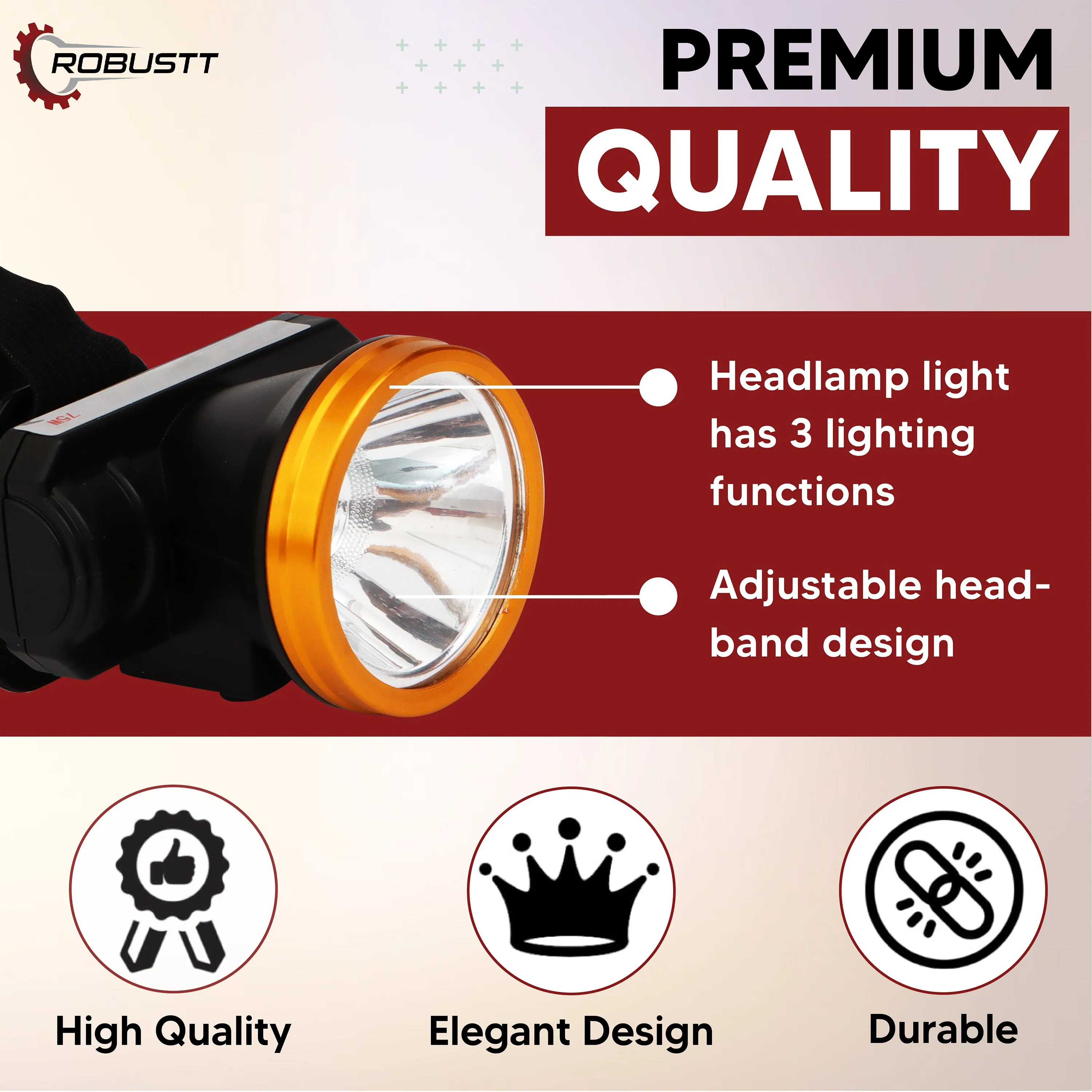 Robustt Rechargeable LED Head Light Torch 75W Waterproof Adjustable Head Lamp for Camping, Trekking, Hiking, Running etc