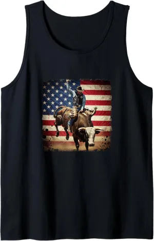 Rodeo Bull Rider Patriotic Cowboy USA Flag Tank Top
