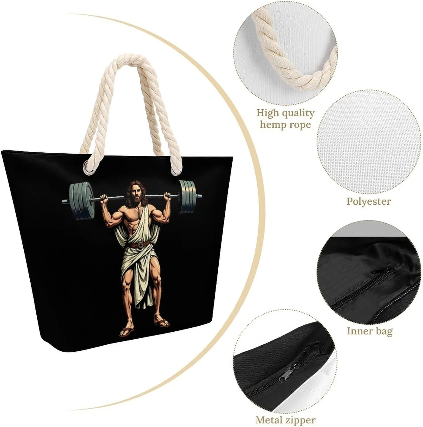 Rope Bag Women Men Beach Tote Bag with Hemp Rope Handle Top Zipper Boat Bag Large Capacity Handbag