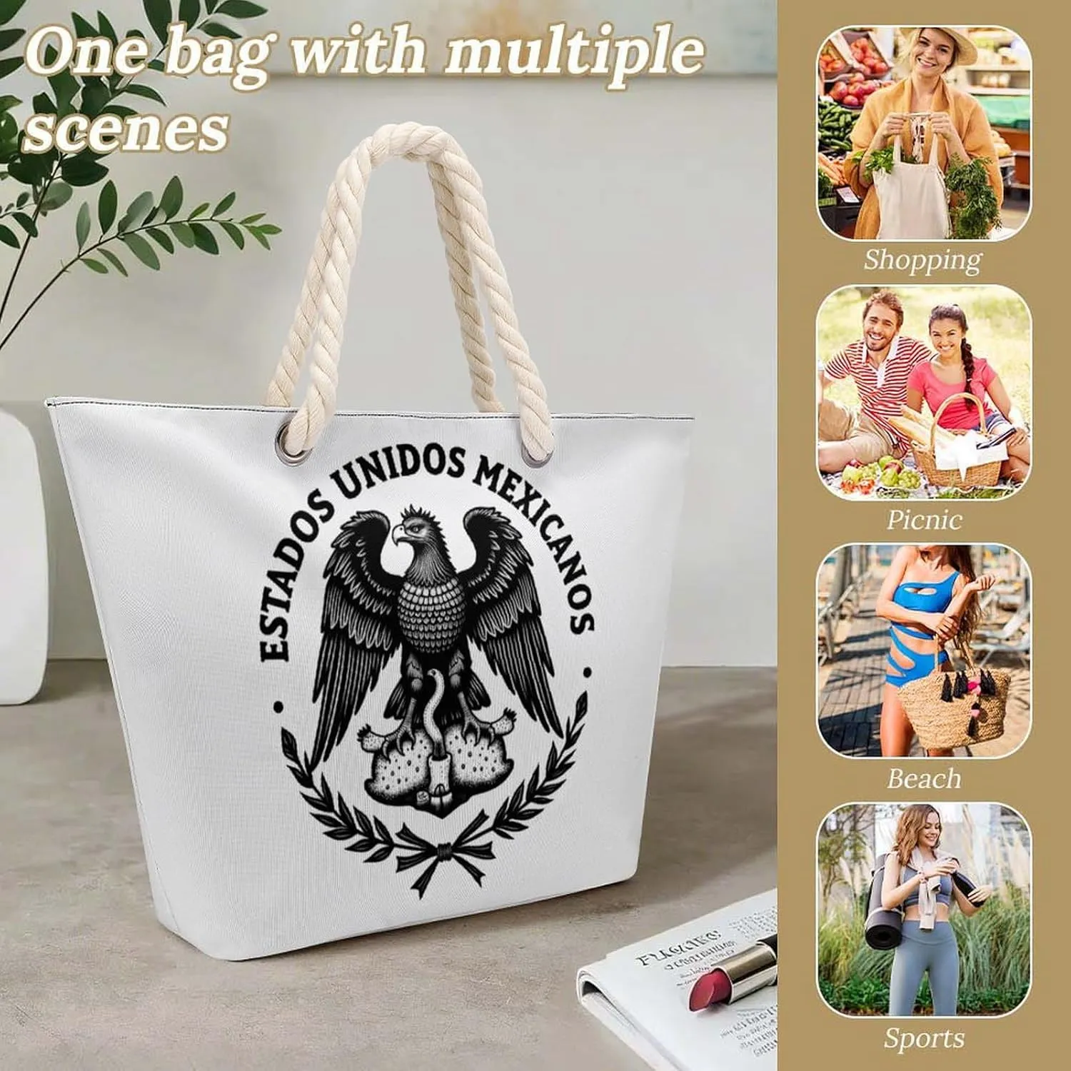 Rope Bag Women Men Beach Tote Bag with Hemp Rope Handle Top Zipper Boat Bag Large Capacity Handbag