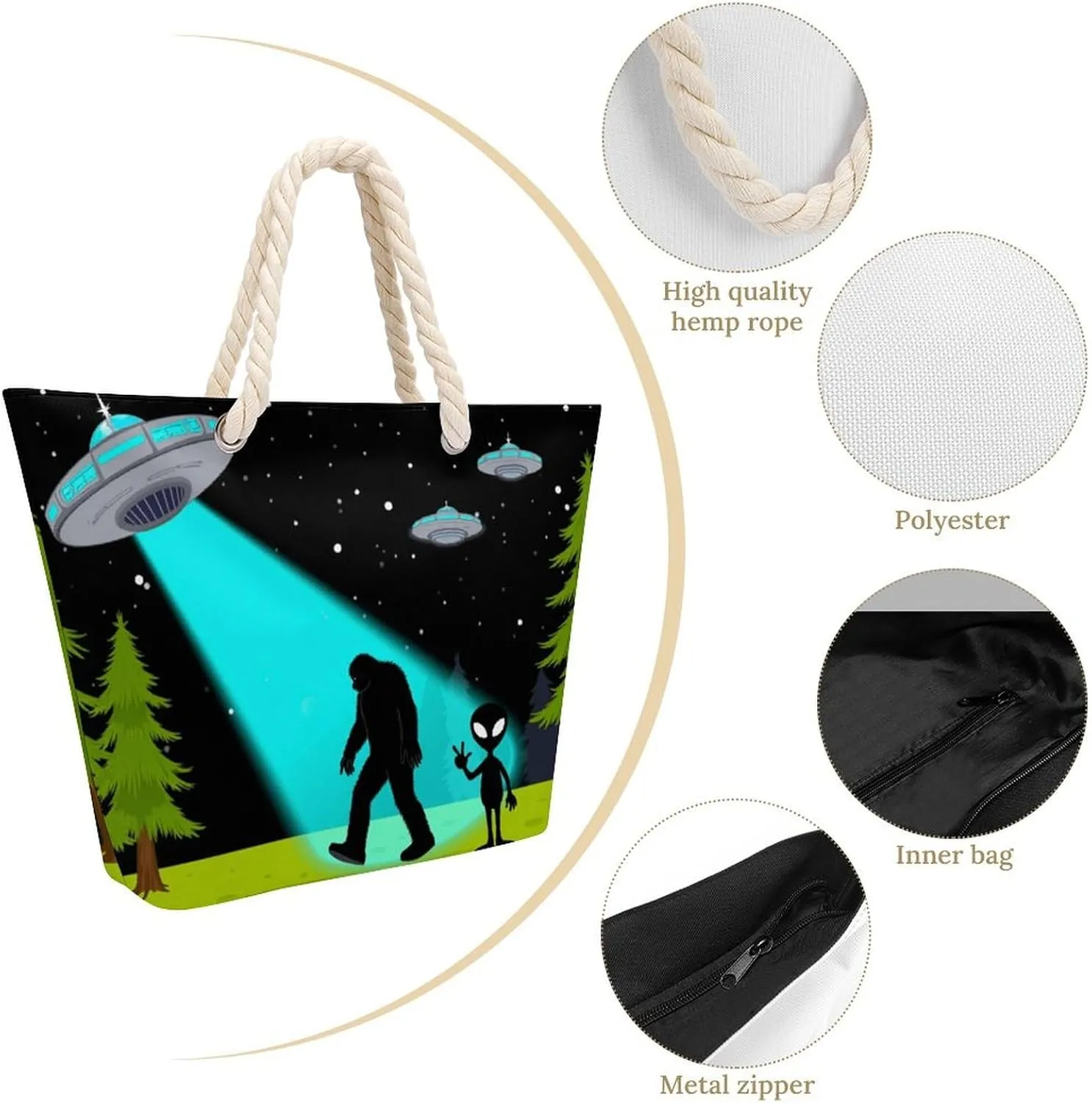 Rope Bag Women Men Beach Tote Bag with Hemp Rope Handle Top Zipper Boat Bag Large Capacity Handbag