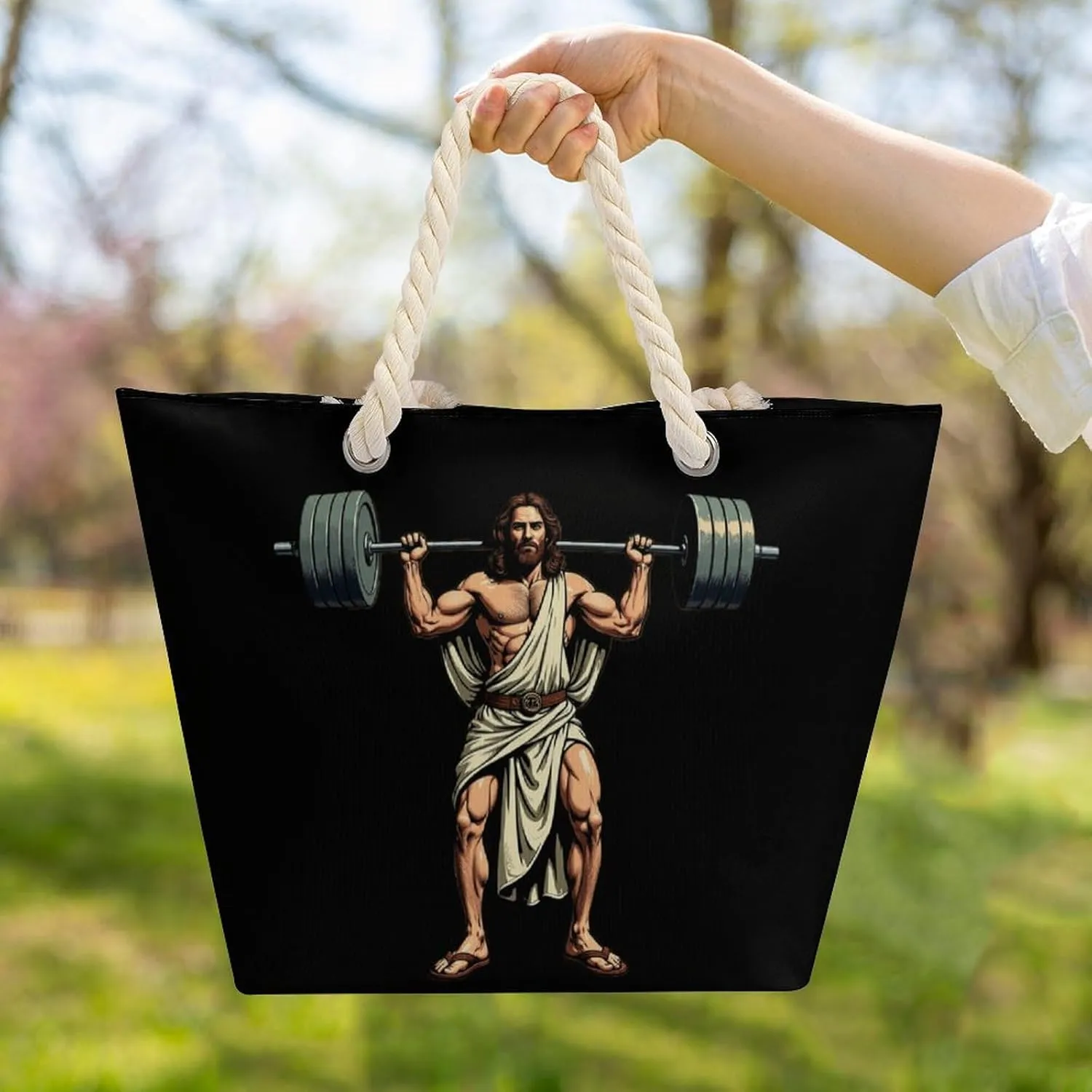 Rope Bag Women Men Beach Tote Bag with Hemp Rope Handle Top Zipper Boat Bag Large Capacity Handbag