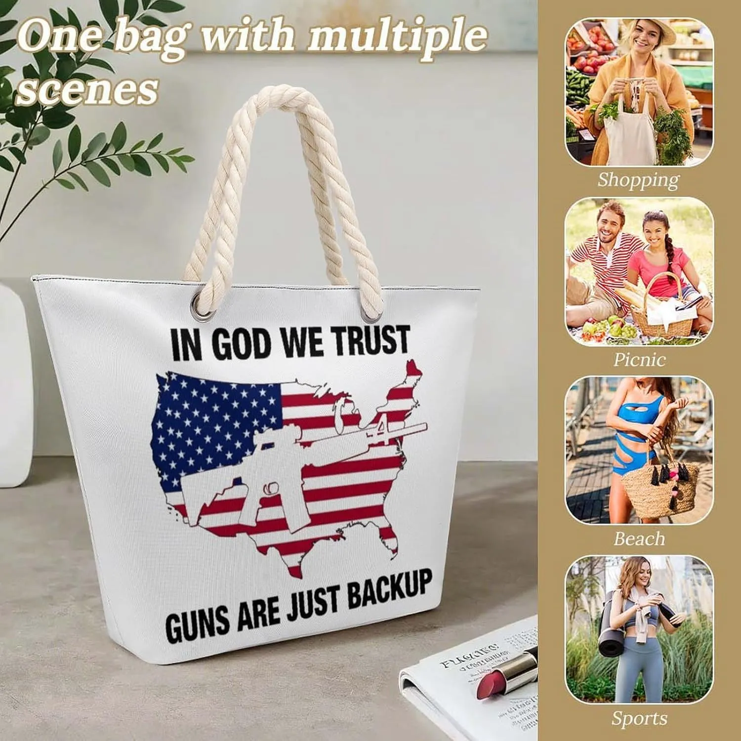 Rope Bag Women Men Beach Tote Bag with Hemp Rope Handle Top Zipper Boat Bag Large Capacity Handbag