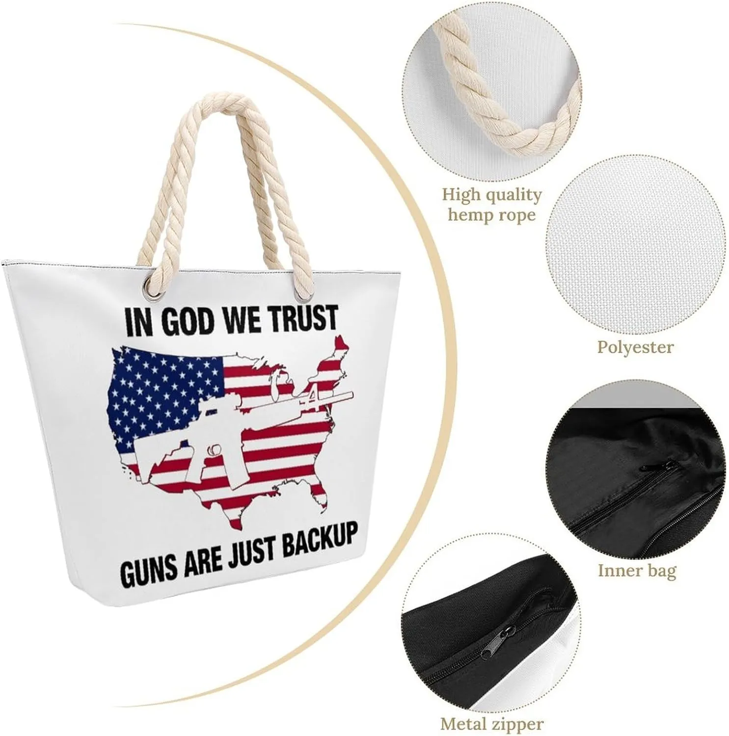 Rope Bag Women Men Beach Tote Bag with Hemp Rope Handle Top Zipper Boat Bag Large Capacity Handbag