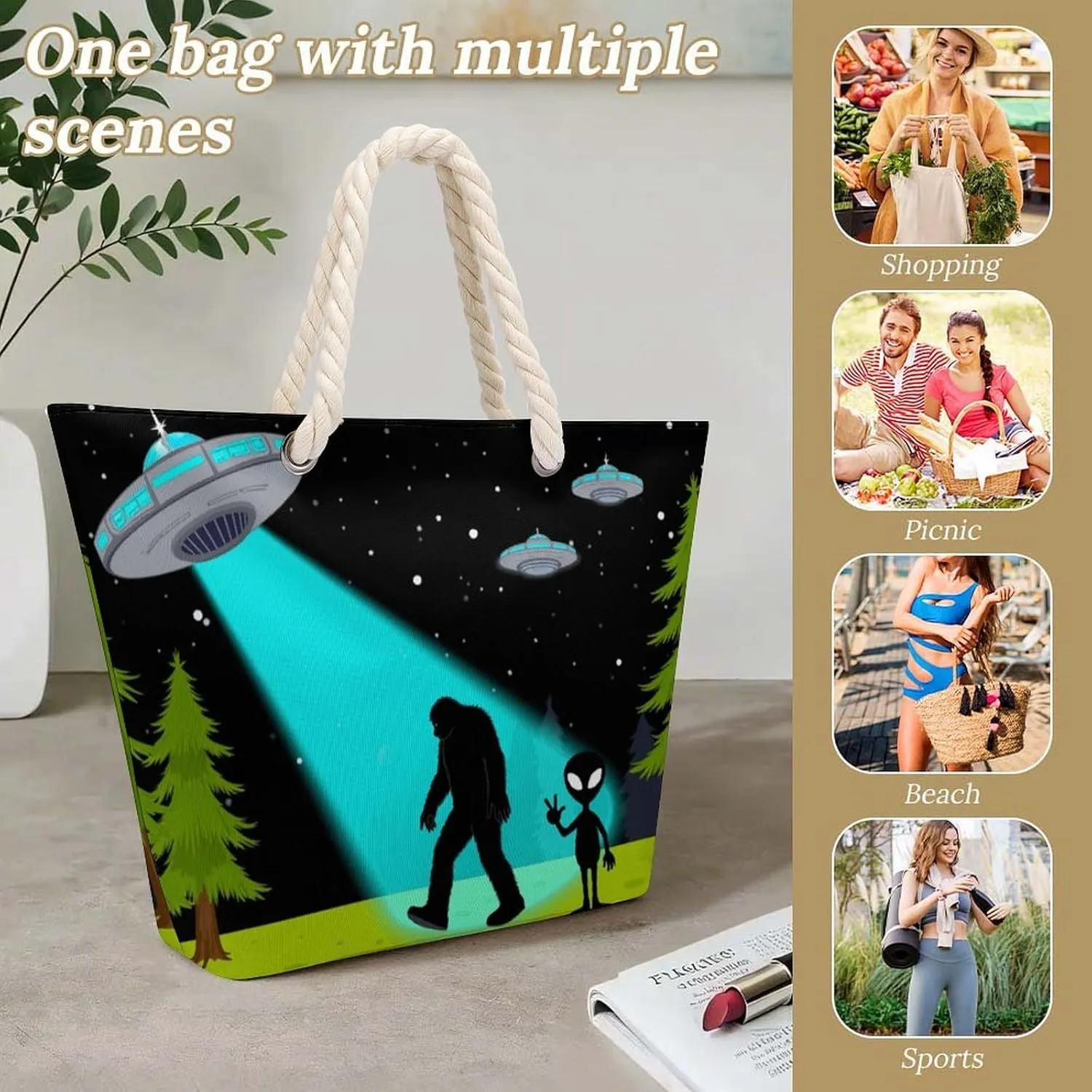 Rope Bag Women Men Beach Tote Bag with Hemp Rope Handle Top Zipper Boat Bag Large Capacity Handbag