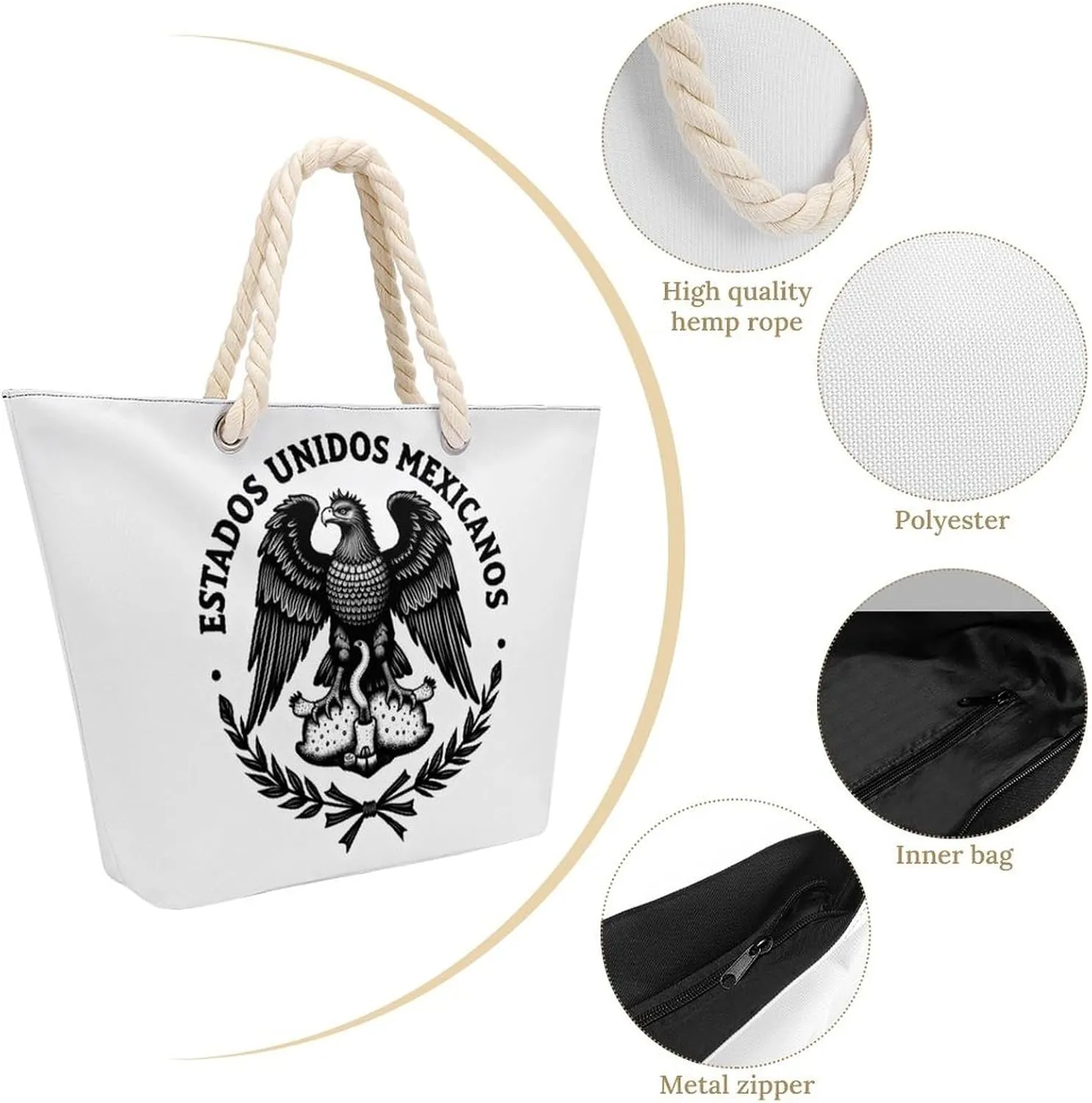 Rope Bag Women Men Beach Tote Bag with Hemp Rope Handle Top Zipper Boat Bag Large Capacity Handbag