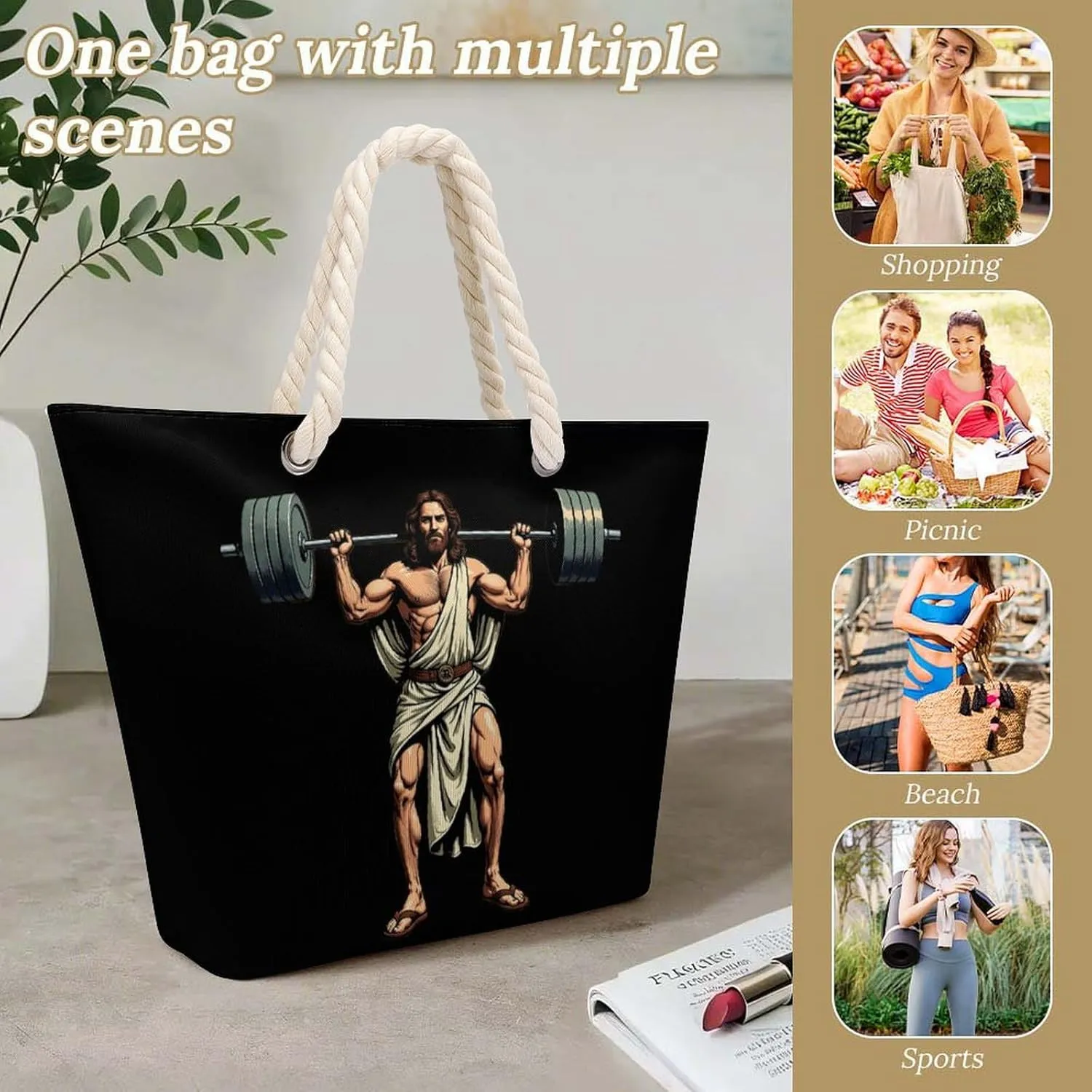 Rope Bag Women Men Beach Tote Bag with Hemp Rope Handle Top Zipper Boat Bag Large Capacity Handbag