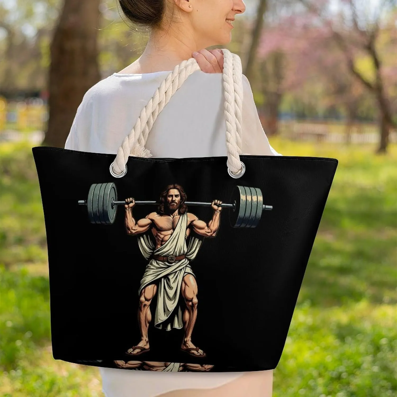Rope Bag Women Men Beach Tote Bag with Hemp Rope Handle Top Zipper Boat Bag Large Capacity Handbag