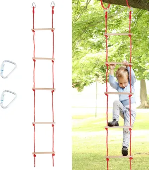 Rope Ladder for Kids, Wooden Climbing Rope Ladder with Two Hooks, Hanging Swing Set Accessories for Outdoor and Indoor Kids Climbing Game, Playground Accessories
