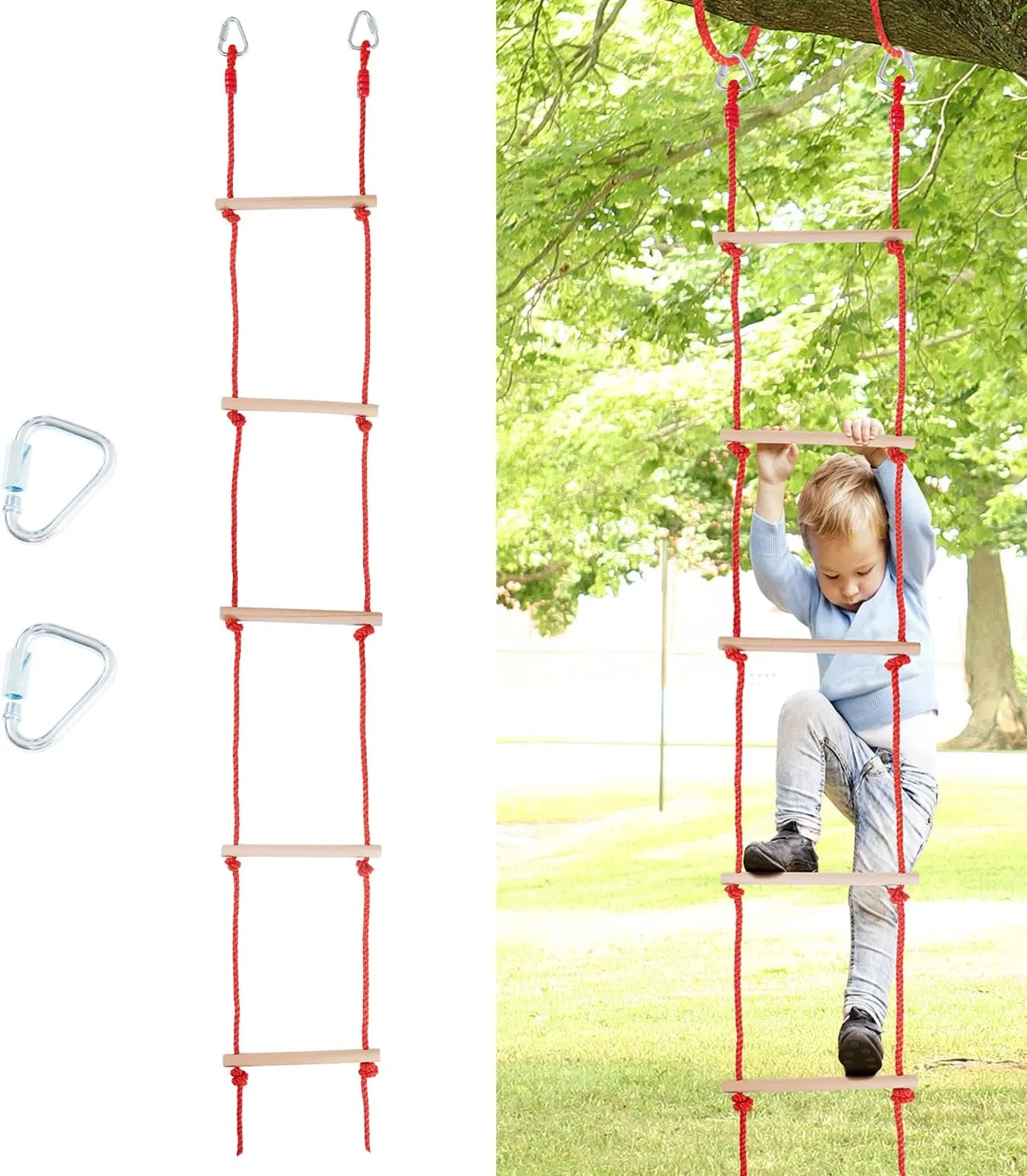 Rope Ladder for Kids, Wooden Climbing Rope Ladder with Two Hooks, Hanging Swing Set Accessories for Outdoor and Indoor Kids Climbing Game, Playground Accessories