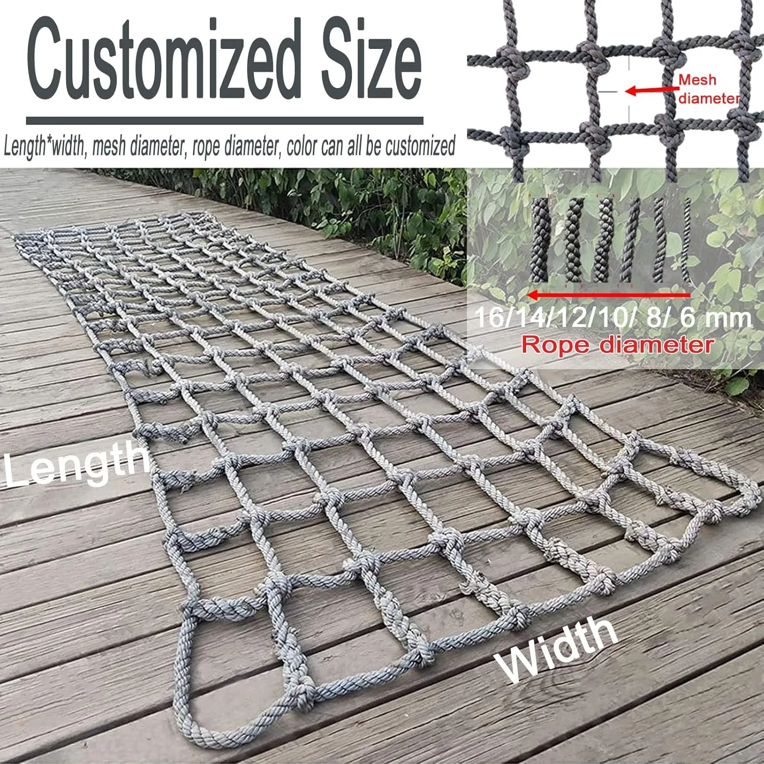 Rope Netting for Playing,Sturdy Indoor and Outdoor Heavy Duty Climbing Frame Net Rope for Treehouse,Yard Protection,16 Cm Grid(Size:6.6 * 6.6ft)