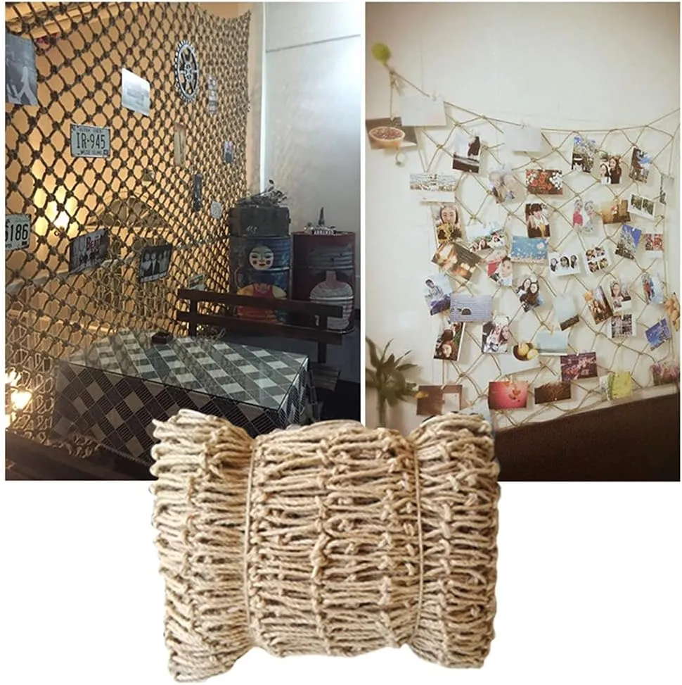 Rope Netting Railing - Decor Net Nautical Decorative Fish Net，Retro Grid Suspended Ceiling Net Hemp Net Clothes Network Outdoor Climbing Net,Customizable Rope Cargo Net for Kids