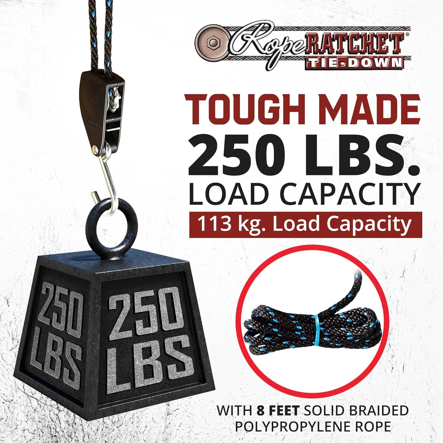Rope Ratchet 3/8" Tie Down, Block & Tackle Pulley System with Hooks, Adjustable Hanger for Kayaks, Canopies, Tents, 8' Braided Polypropylene Rope, 250 lb Capacity, Ideal for Roof Rack, Canoe Tie Downs