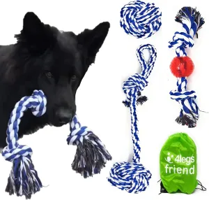Rope Toys for Large Dogs & Puppies 4-Pack – Natural Cotton Rubber Tug-of-War Toy Set – Tough Dog Toys for Aggressive Chewers Improve Dental Hygiene – Machine-Washable Dog Rope Toy Ropes