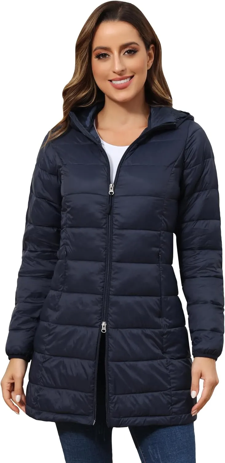 ROYAL MATRIX Women's Packable Puffer Coat, Regular and Plus Size Lightweight Puffer Coat Long Puffer Coat with Hood
