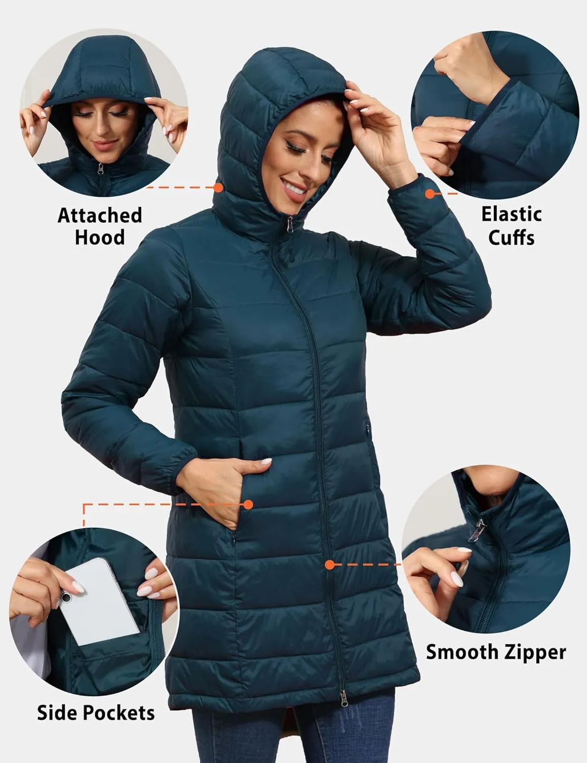 ROYAL MATRIX Women's Packable Puffer Coat, Regular and Plus Size Lightweight Puffer Coat Long Puffer Coat with Hood