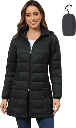 ROYAL MATRIX Women's Packable Puffer Coat, Regular and Plus Size Lightweight Puffer Coat Long Puffer Coat with Hood