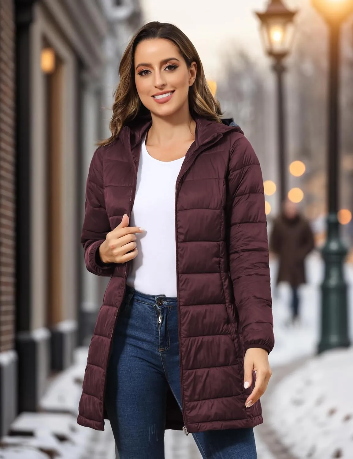 ROYAL MATRIX Women's Packable Puffer Coat, Regular and Plus Size Lightweight Puffer Coat Long Puffer Coat with Hood