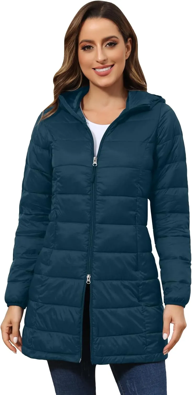 ROYAL MATRIX Women's Packable Puffer Coat, Regular and Plus Size Lightweight Puffer Coat Long Puffer Coat with Hood