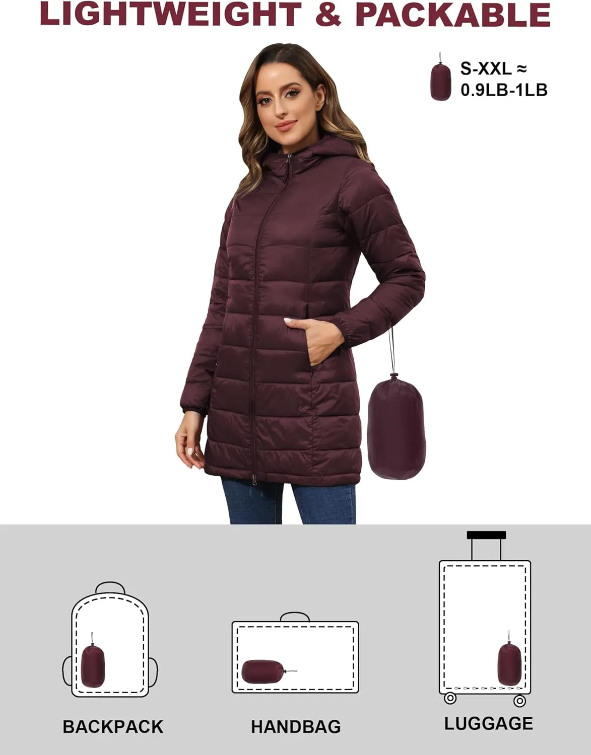 ROYAL MATRIX Women's Packable Puffer Coat, Regular and Plus Size Lightweight Puffer Coat Long Puffer Coat with Hood