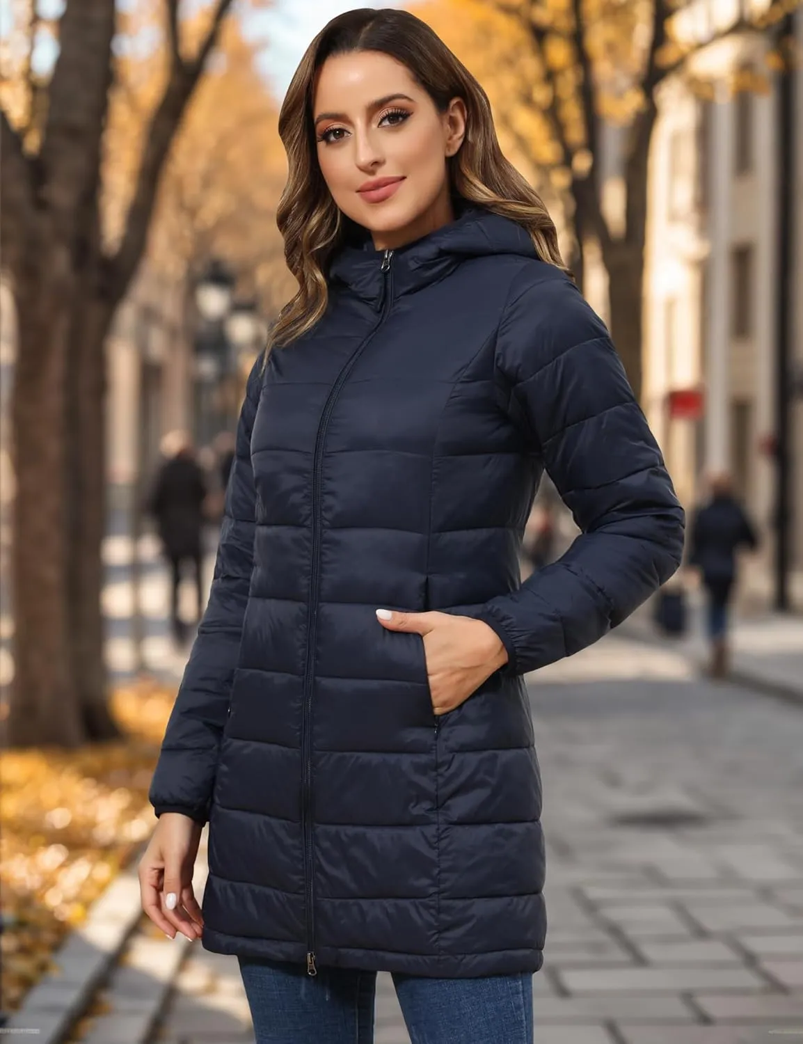 ROYAL MATRIX Women's Packable Puffer Coat, Regular and Plus Size Lightweight Puffer Coat Long Puffer Coat with Hood