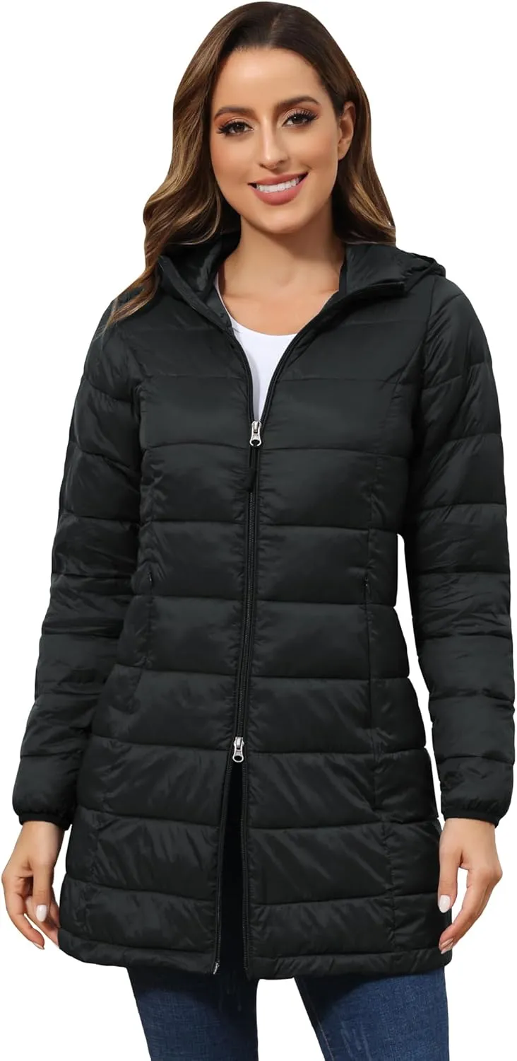 ROYAL MATRIX Women's Packable Puffer Coat, Regular and Plus Size Lightweight Puffer Coat Long Puffer Coat with Hood