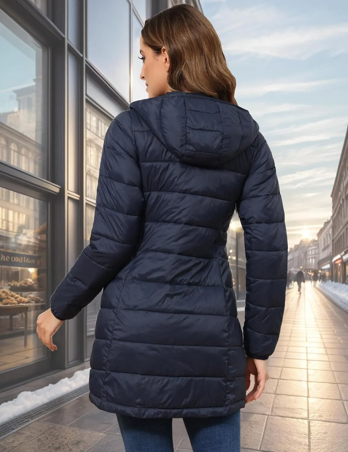 ROYAL MATRIX Women's Packable Puffer Coat, Regular and Plus Size Lightweight Puffer Coat Long Puffer Coat with Hood