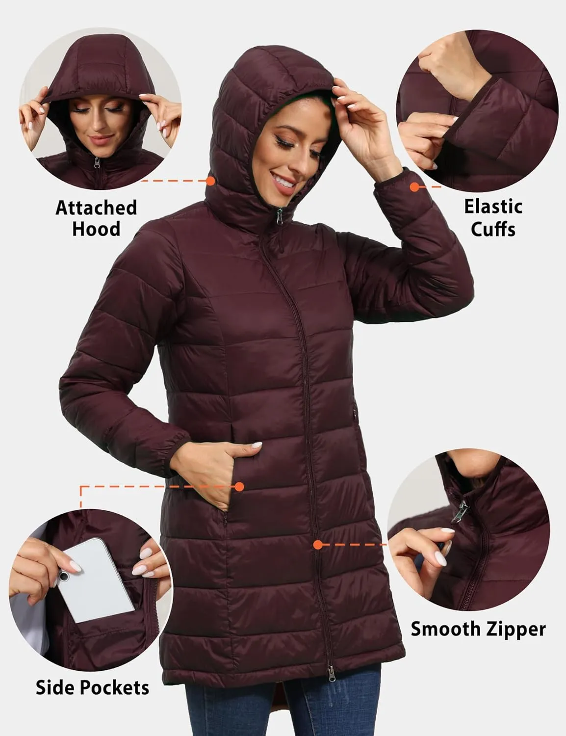 ROYAL MATRIX Women's Packable Puffer Coat, Regular and Plus Size Lightweight Puffer Coat Long Puffer Coat with Hood