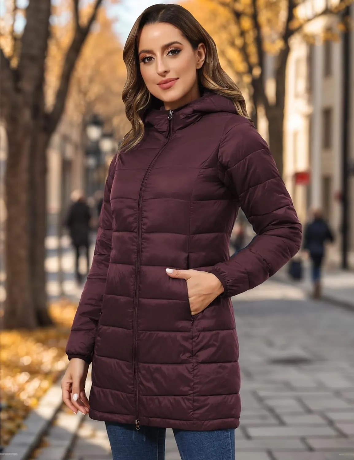 ROYAL MATRIX Women's Packable Puffer Coat, Regular and Plus Size Lightweight Puffer Coat Long Puffer Coat with Hood