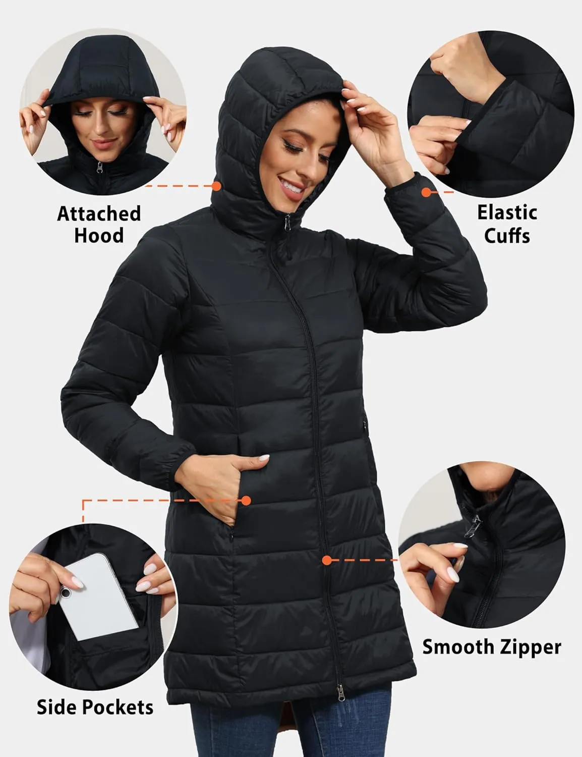 ROYAL MATRIX Women's Packable Puffer Coat, Regular and Plus Size Lightweight Puffer Coat Long Puffer Coat with Hood